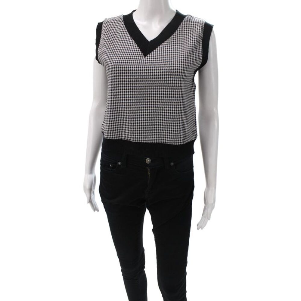 Mila Women Houndstooth Sweater Vest Black V-Neck Sleeveless Size S